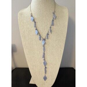 Y Drop Baby Blue Glitter Resin Cha Cha Long Necklace Lightweight  Gold Tone